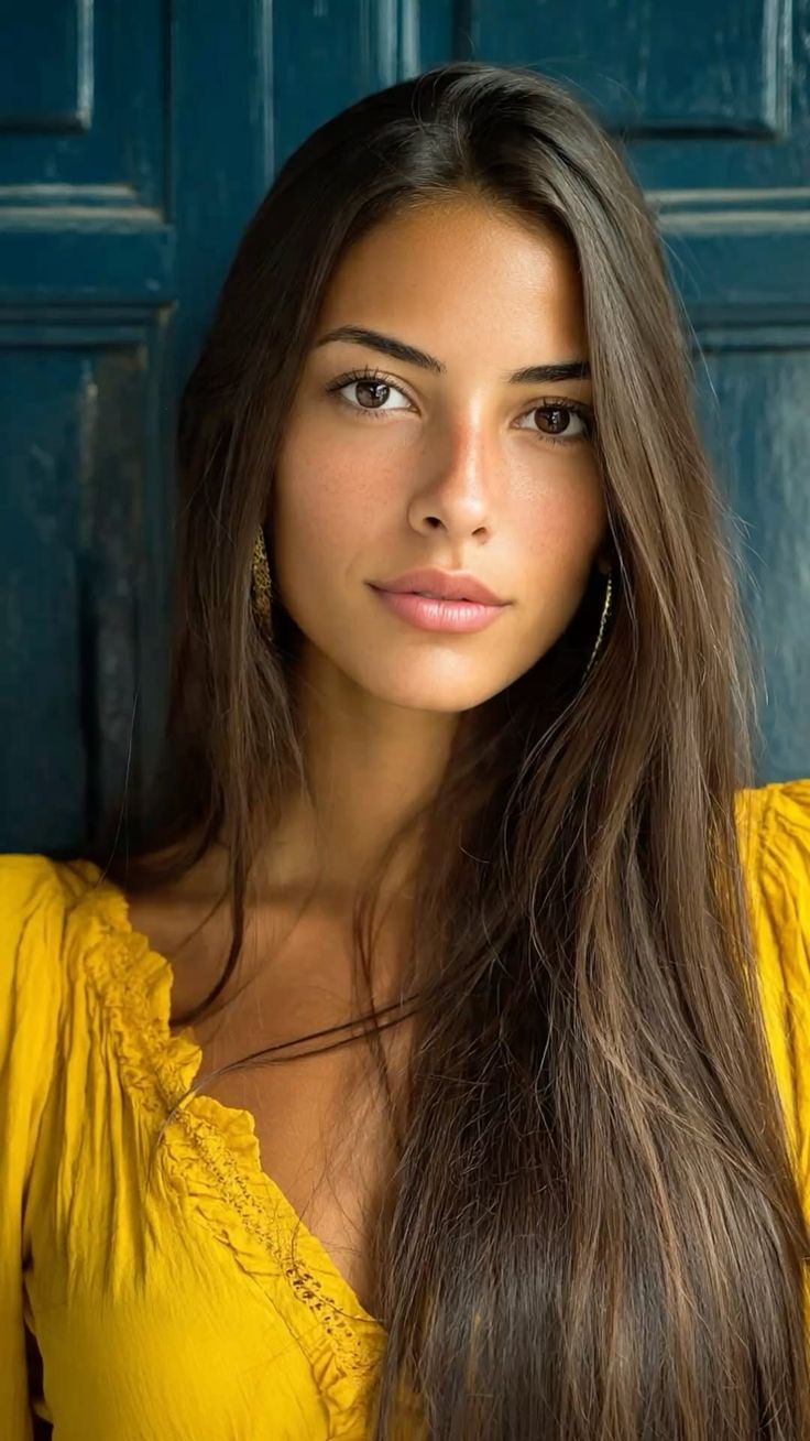 Woman with long dark hair wearing a yellow top against a blue background