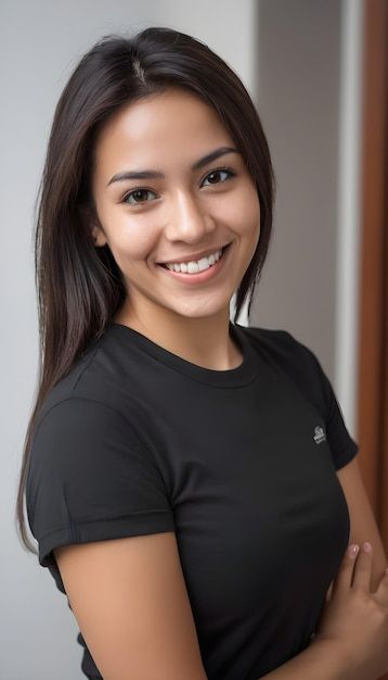 Smiling woman with long dark hair wearing a black t-shirt indoors