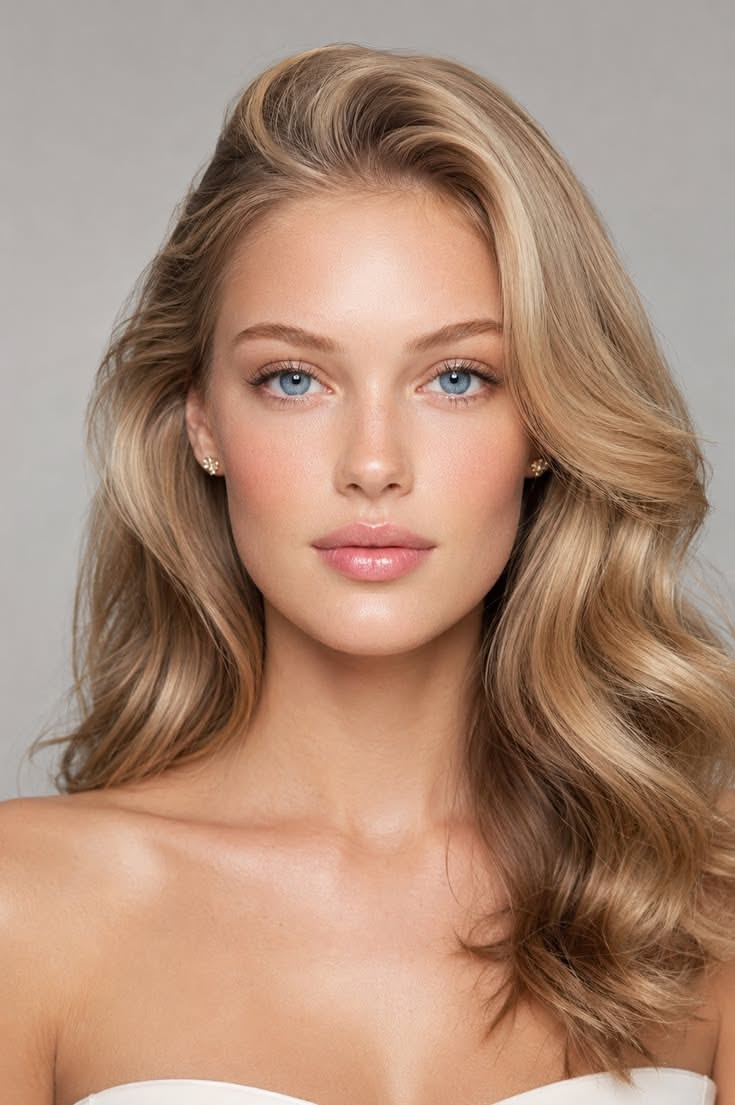 Woman with blonde wavy hair and blue eyes wearing earrings in a studio shot