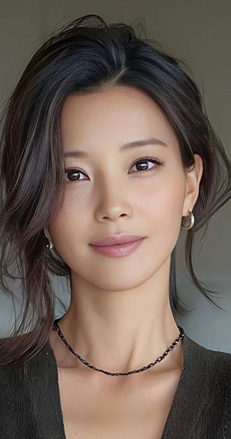 Woman with dark hair and a black necklace looking directly at the viewer