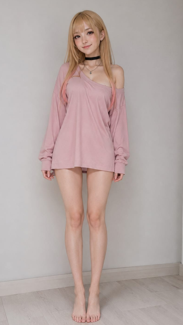 Woman with long blonde hair wearing an oversized pink shirt and choker