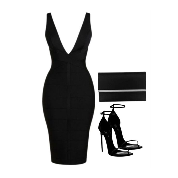 Black bodycon dress with high heels and a clutch bag