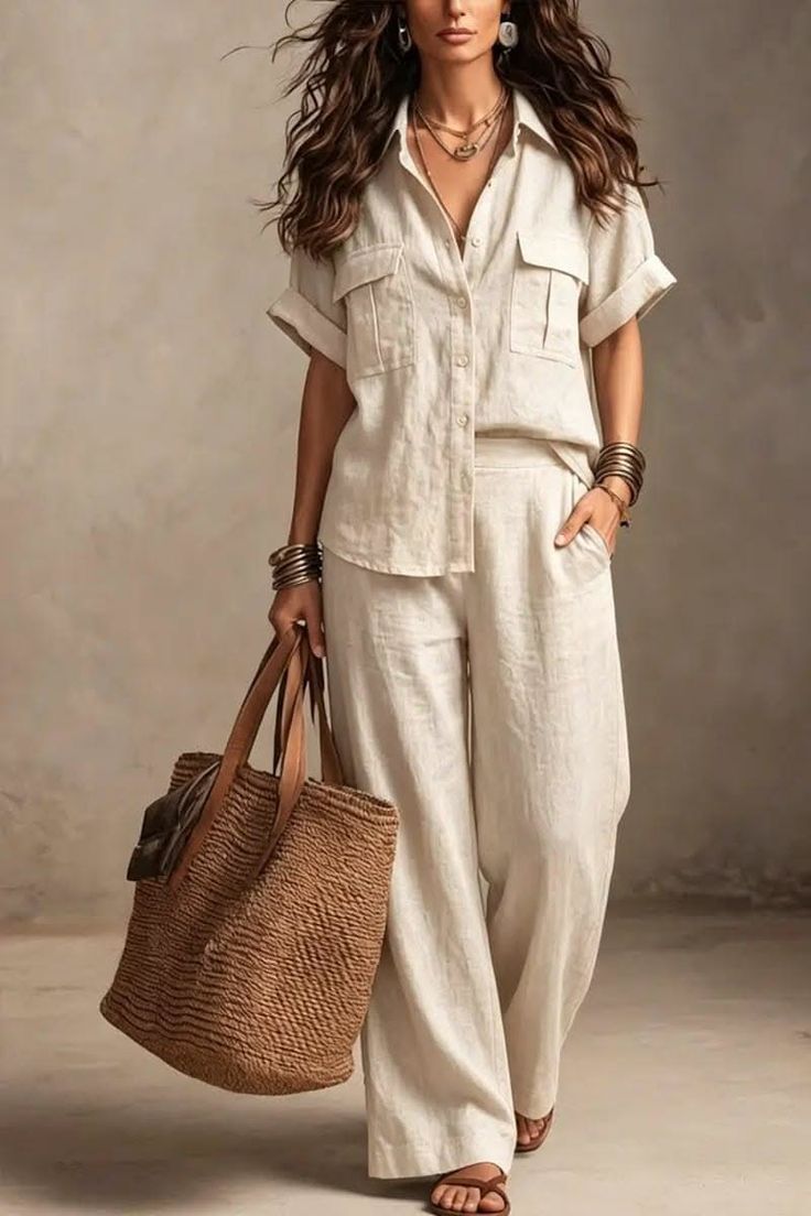 Woman in a light linen shirt and wide-leg pants holding a straw bag