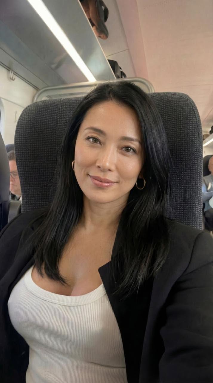 Woman with long black hair wearing a white tank top and black blazer on a train