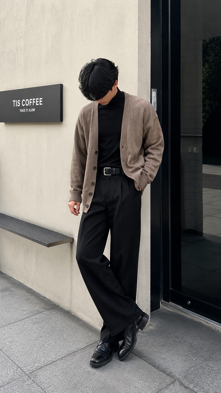 Person in a brown cardigan and black outfit leaning against a wall outdoors