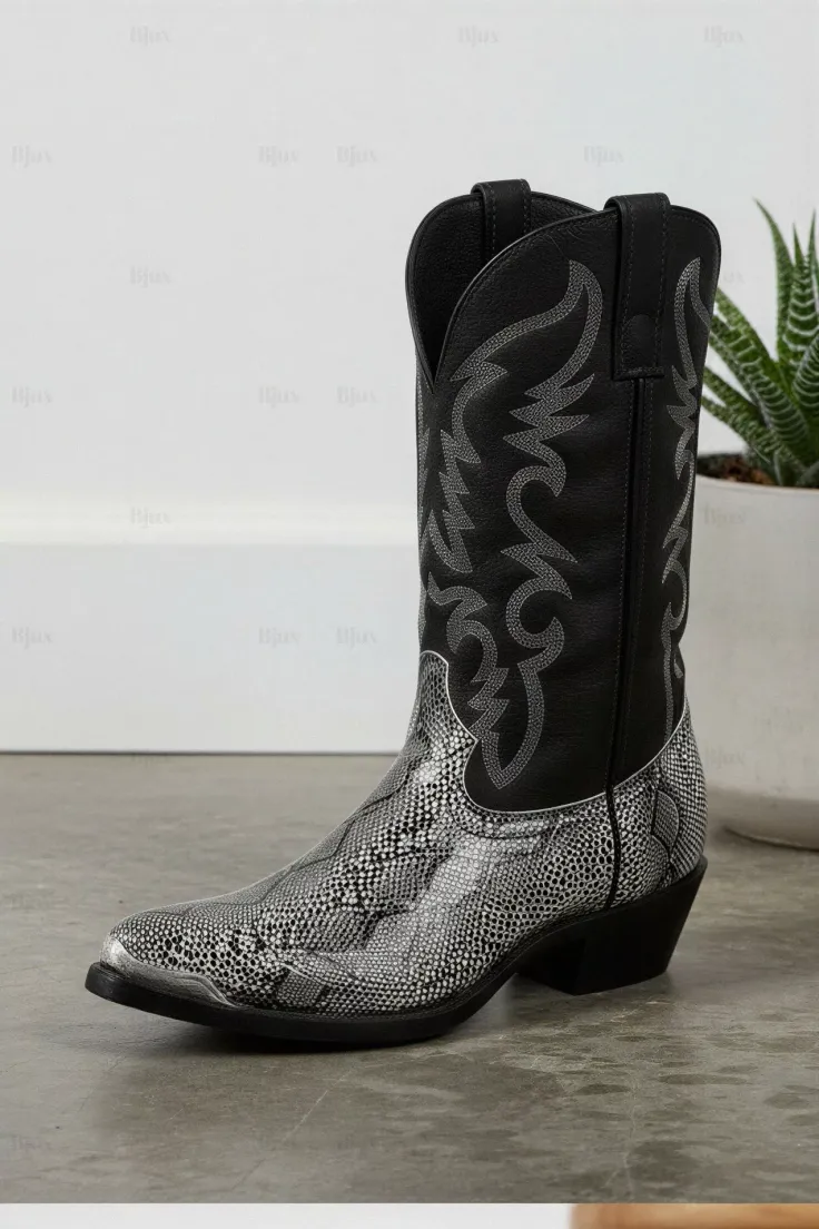 Black and white snakeskin print cowboy boot with embroidered detail