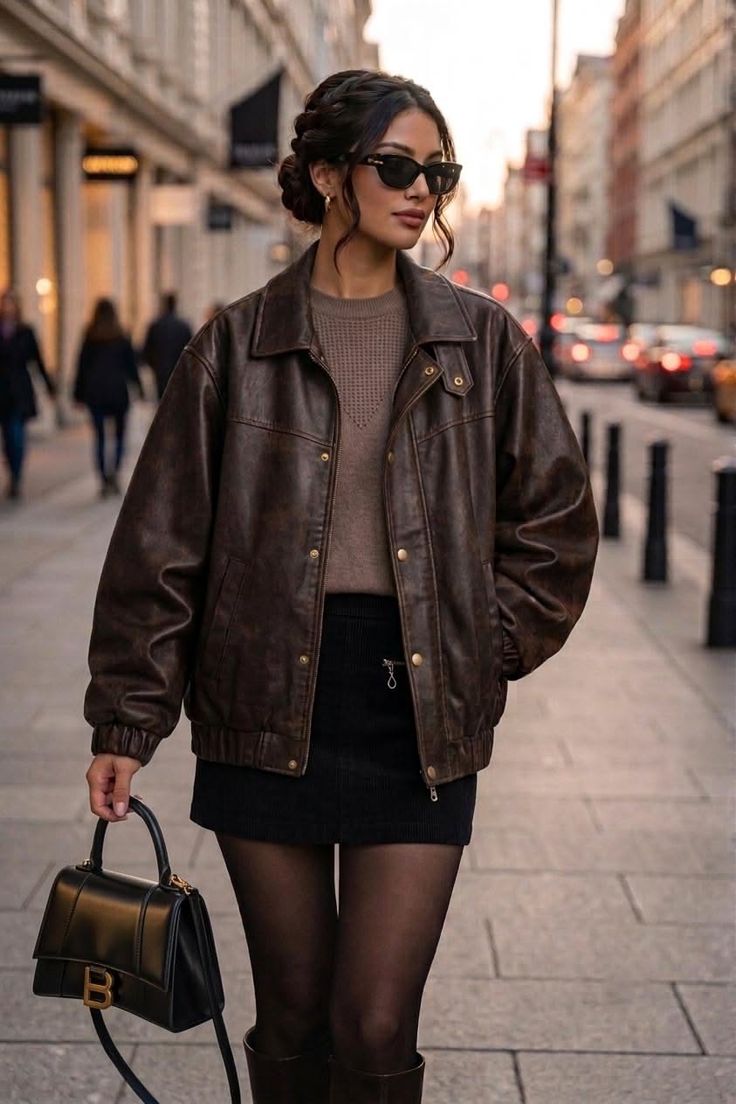 Woman in a brown leather jacket and black skirt walking on a street