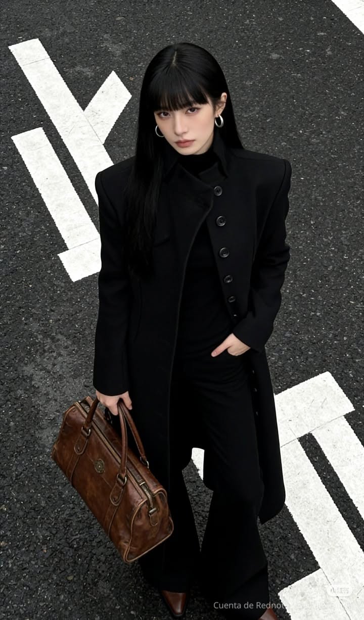 Woman in a black coat and long black hair standing on a street with white markings