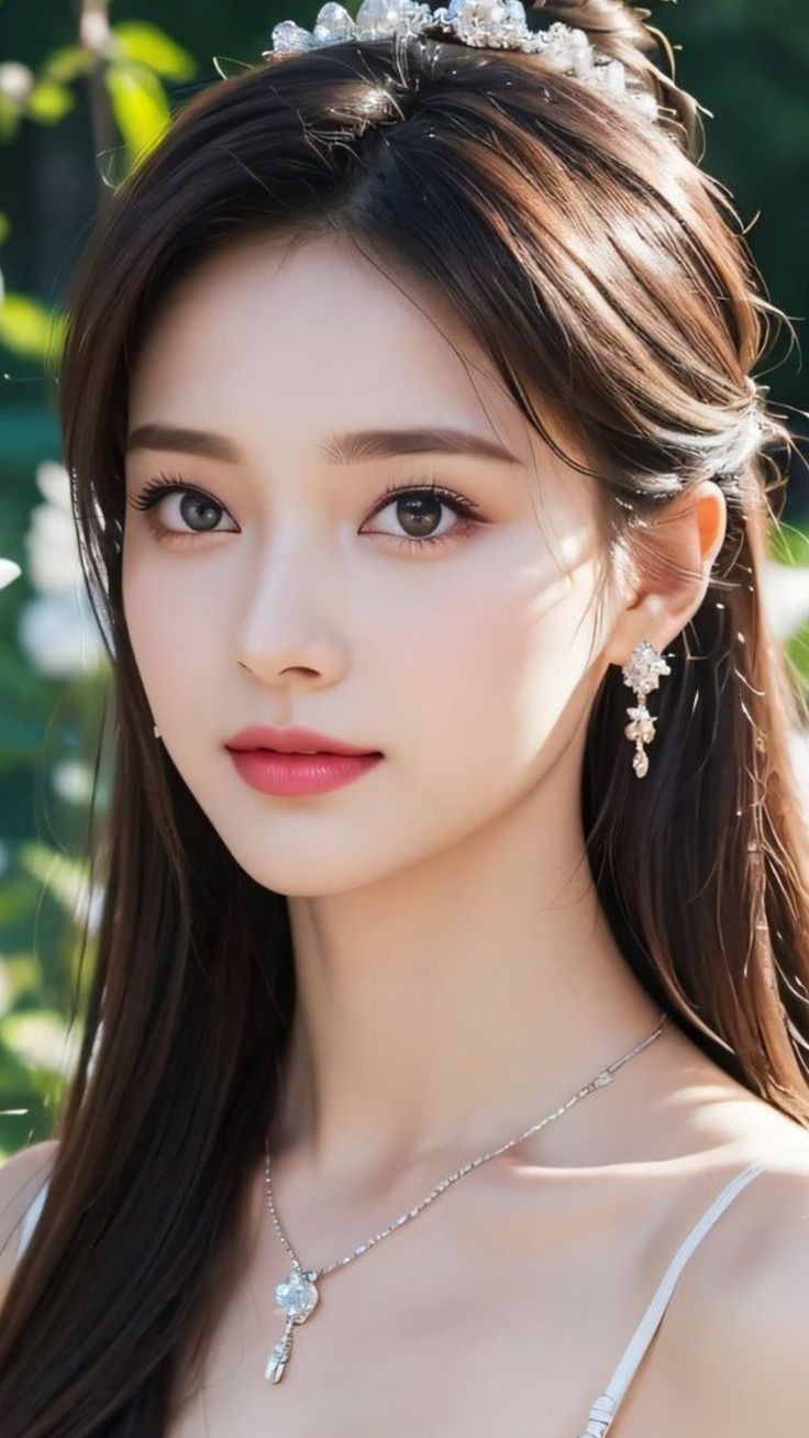 Woman with long brown hair wearing a tiara and jewelry outdoors