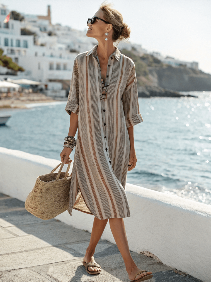 Woman in a striped dress and sunglasses walking along a sunny beach town promenade