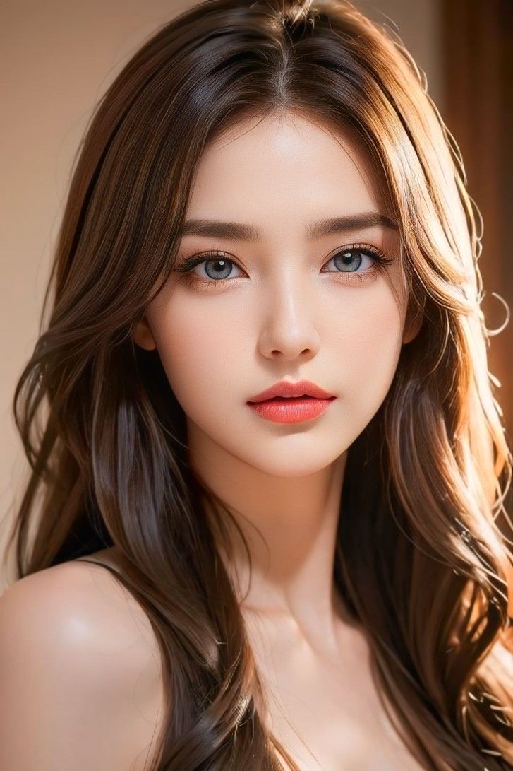Realistic portrait of a woman with long brown hair and blue eyes