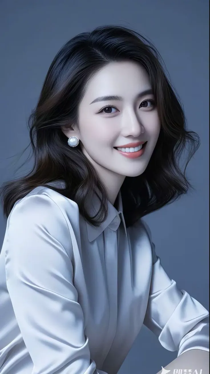 Smiling woman with long dark hair and pearl earrings wearing a white shirt