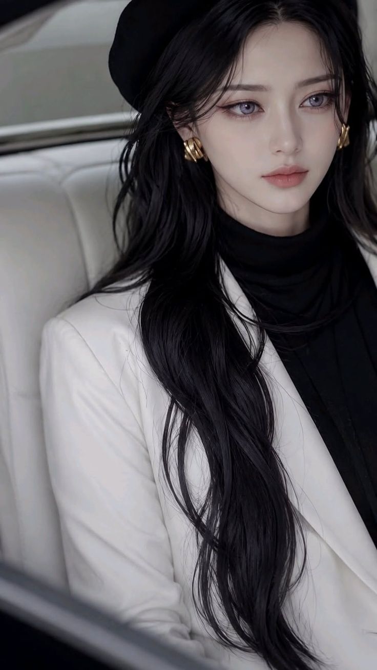 Woman with long black hair wearing a white blazer and black beret