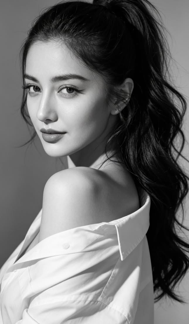 Woman with long hair in a ponytail wearing a white shirt off the shoulder