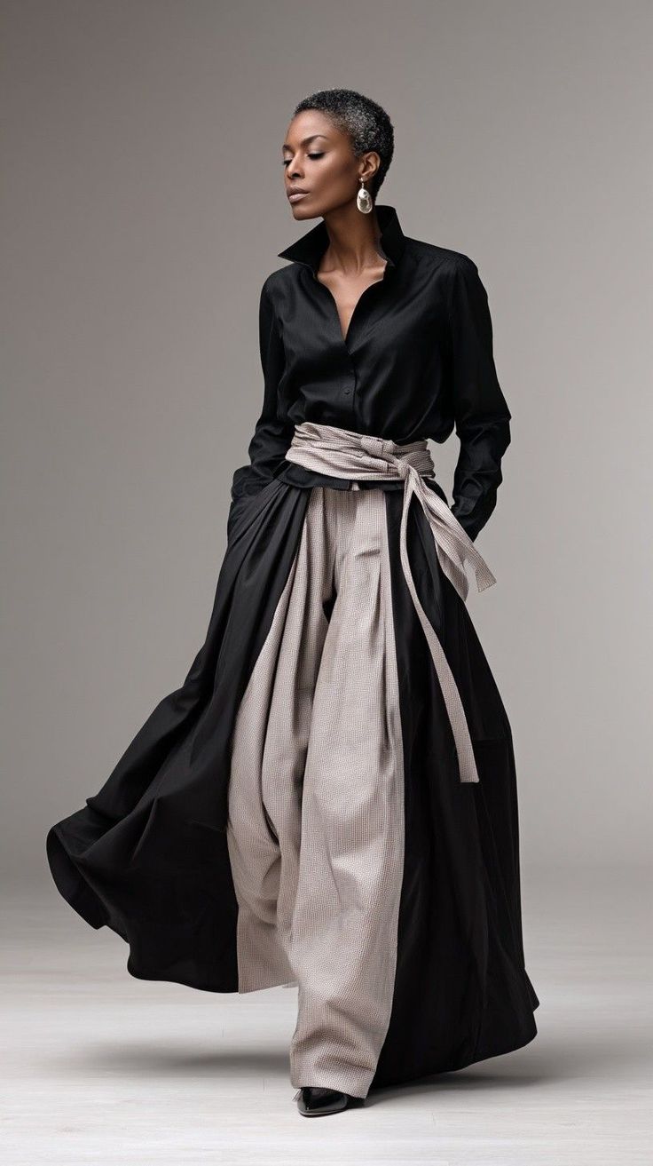 Woman in a black shirt and wide leg pants with a sash belt in a studio