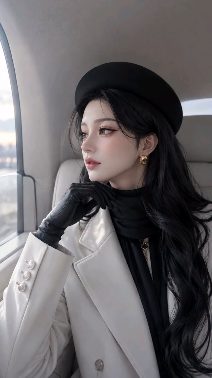 Woman with long black hair wearing a beret and white coat in a car