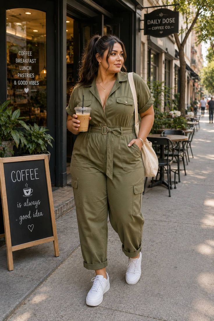 Woman in an olive green jumpsuit holding an iced coffee on a city street