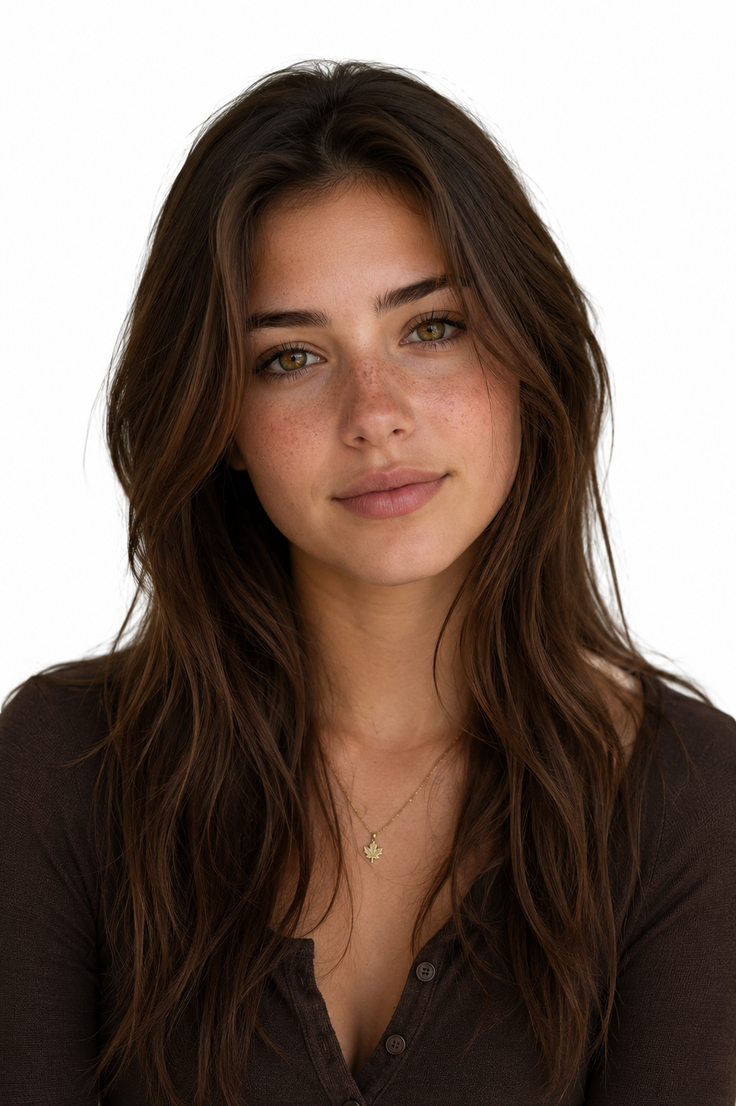 Woman with long brown hair and freckles wearing a gold maple leaf necklace
