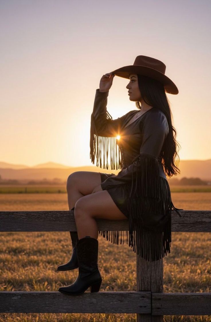 Woman in a fringe dress and cowboy hat sitting on a fence at sunset