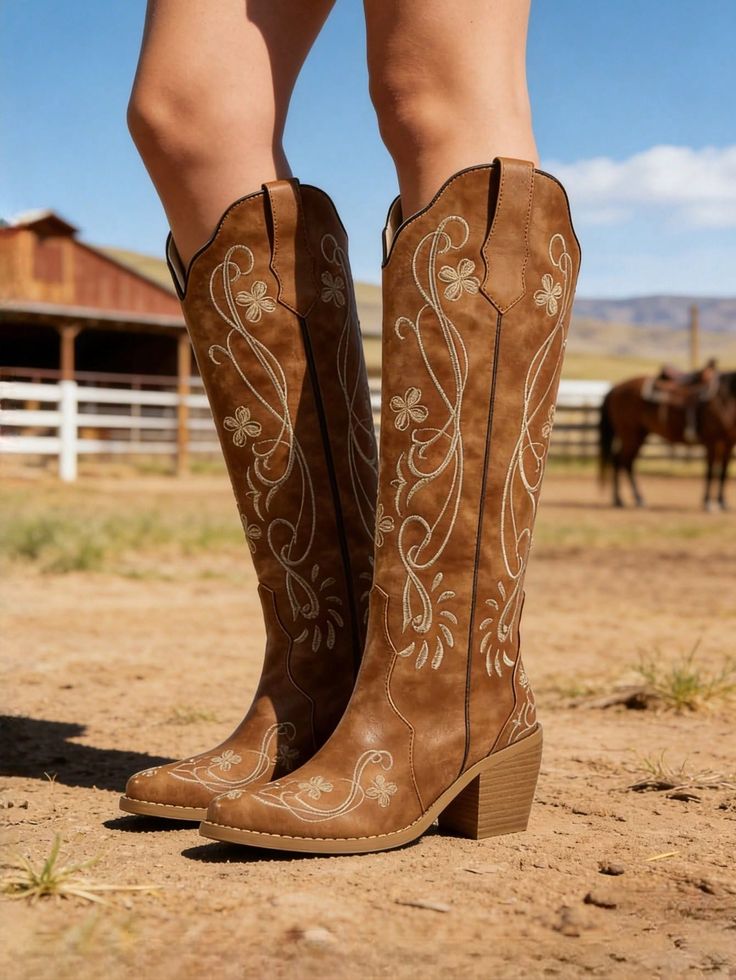 Close up of a person wearing cowboy boots on a ranch with a horse in the background