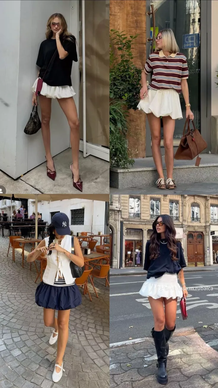 Four women in various outfits featuring mini skirts on city streets
