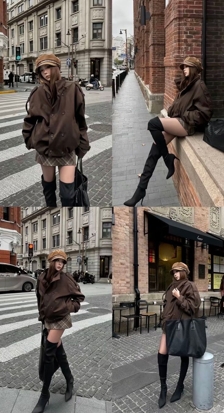 Woman in a brown jacket and plaid skirt with thigh-high boots on a city street