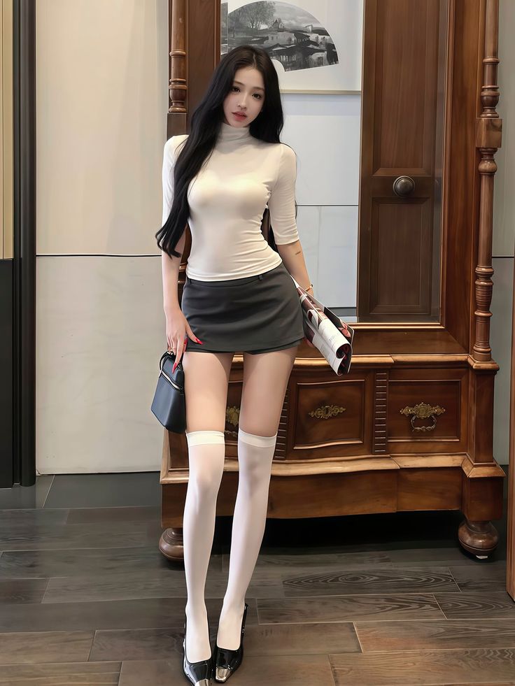 Woman with long black hair in a white turtleneck and mini skirt with thigh-high socks