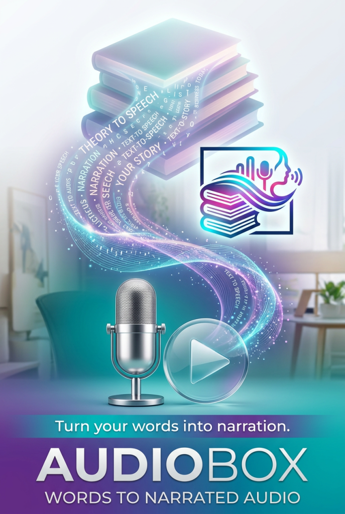 A microphone and play button with glowing lines of text flowing from books