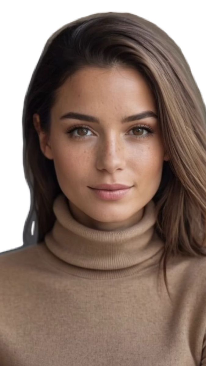Woman with long brown hair and freckles wearing a beige turtleneck
