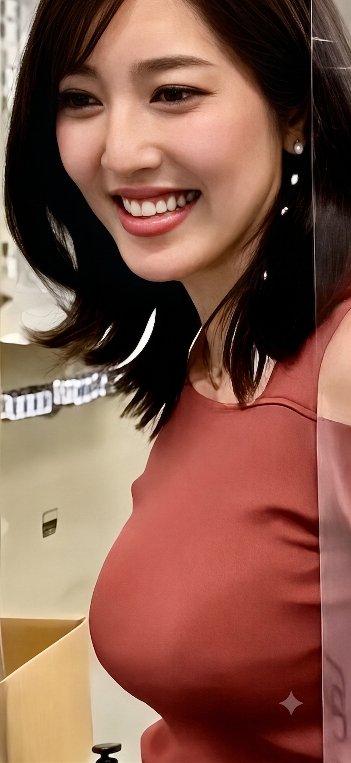 Woman with short dark hair and earrings smiling in a red top