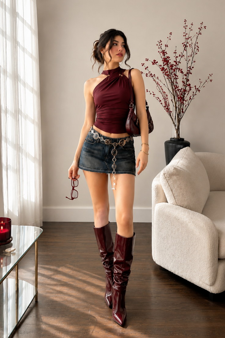 Woman in a denim mini skirt and halter top with knee high boots indoors