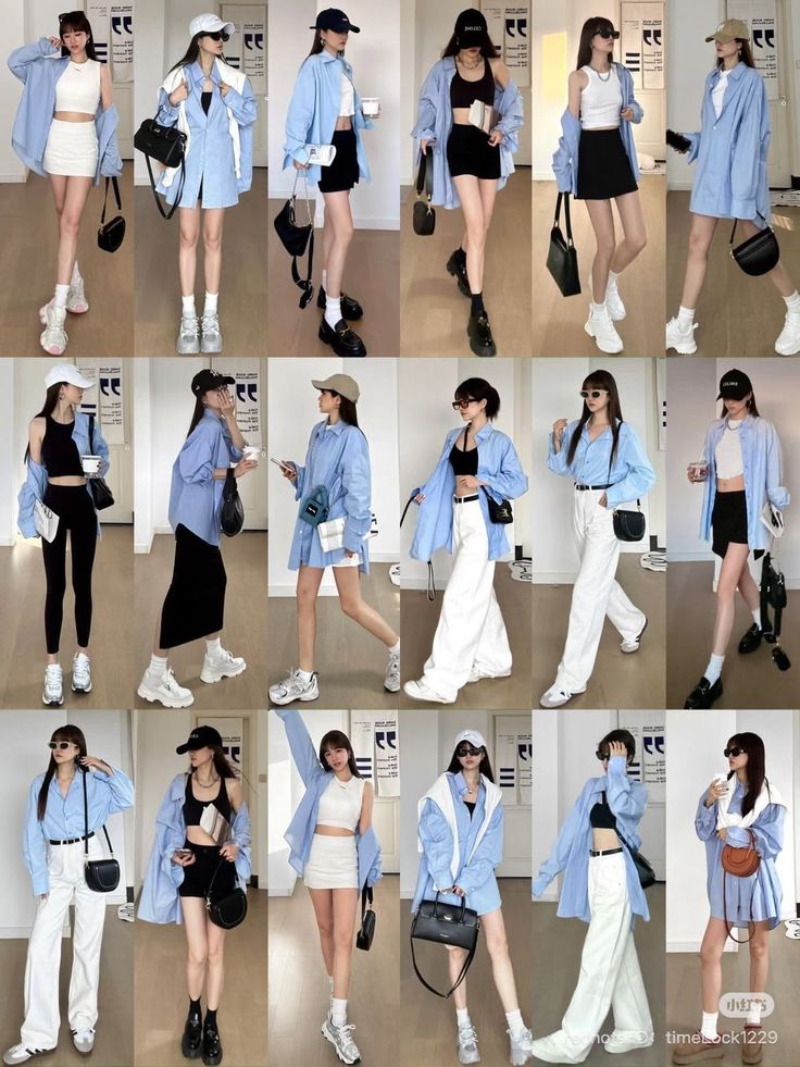 Multiple women showcasing various casual outfits with light blue shirts