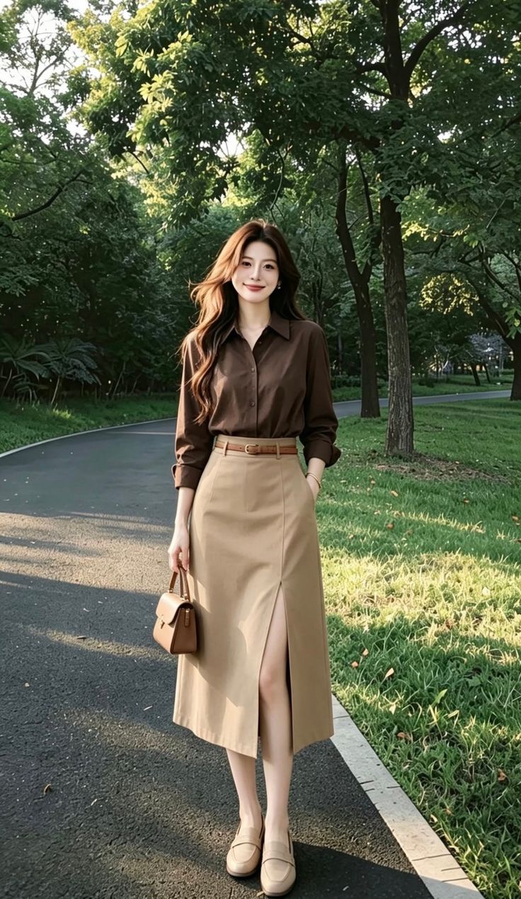 Woman in a brown shirt and a beige midi skirt with a slit in a park