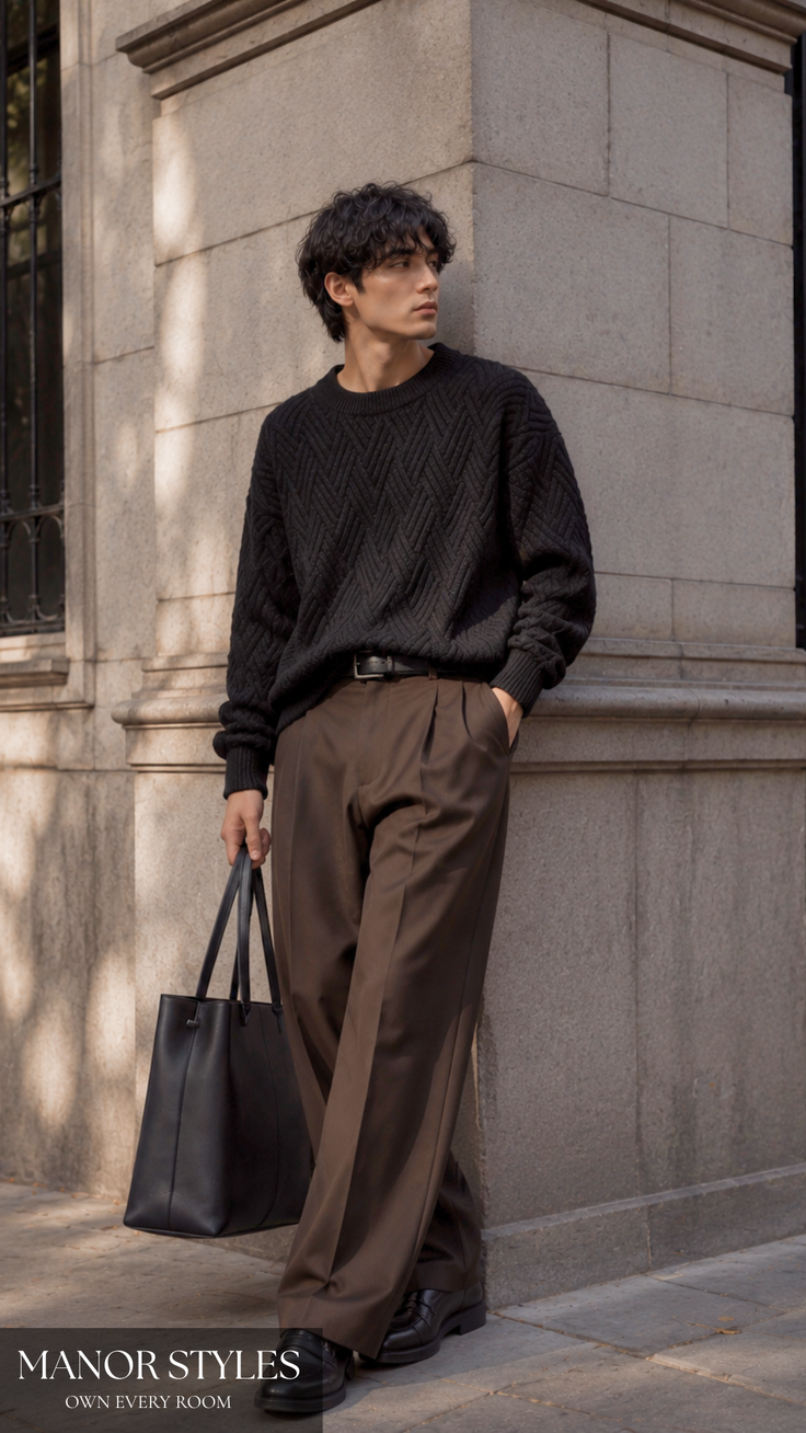 Man in a black sweater and brown pants holding a black tote bag outdoors