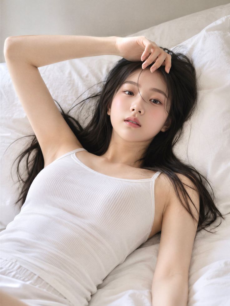 Woman with long black hair in a white tank top lying on a bed