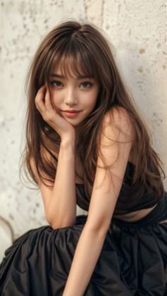 Woman with long brown hair and bangs wearing a black top and skirt