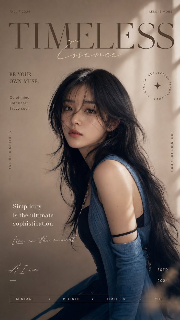 Woman with long black hair wearing a blue top, posed for a magazine cover