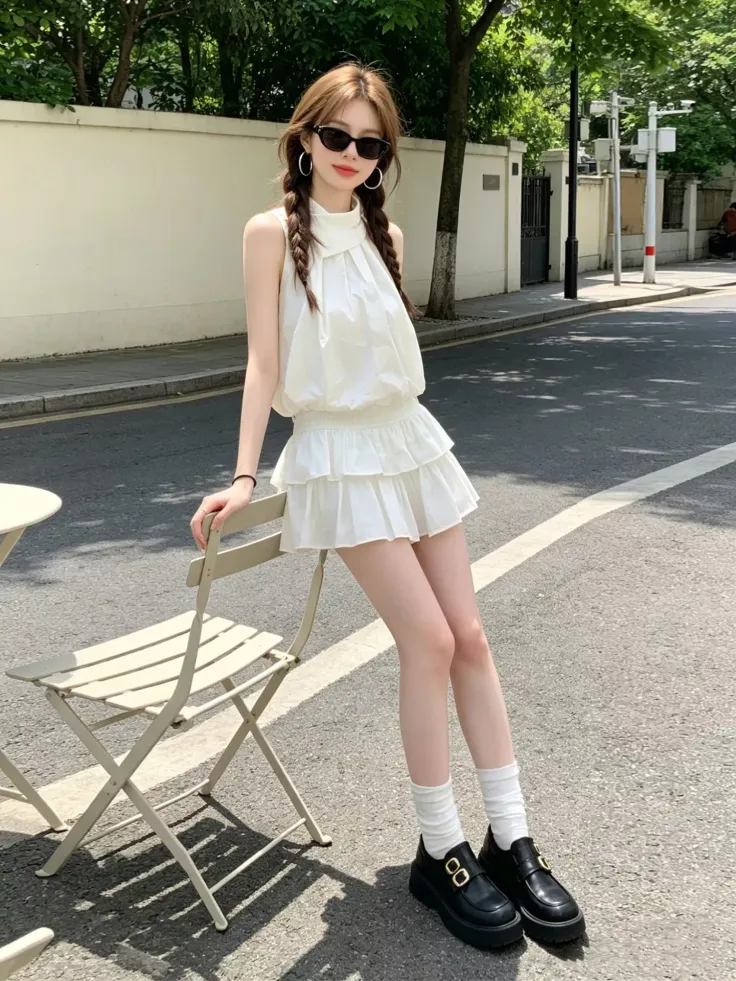 Woman in a white dress and sunglasses with braided hair on a sunny street