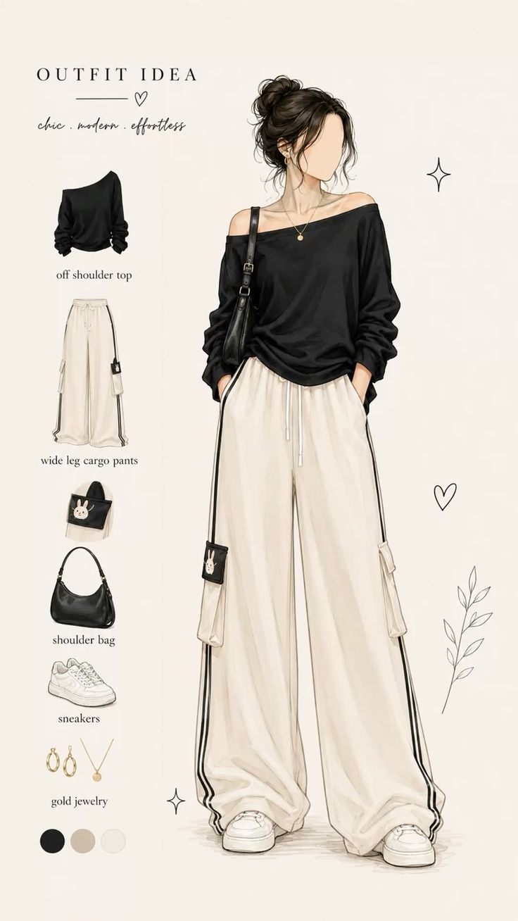 Illustration of a woman in a black off-shoulder top and white wide-leg cargo pants