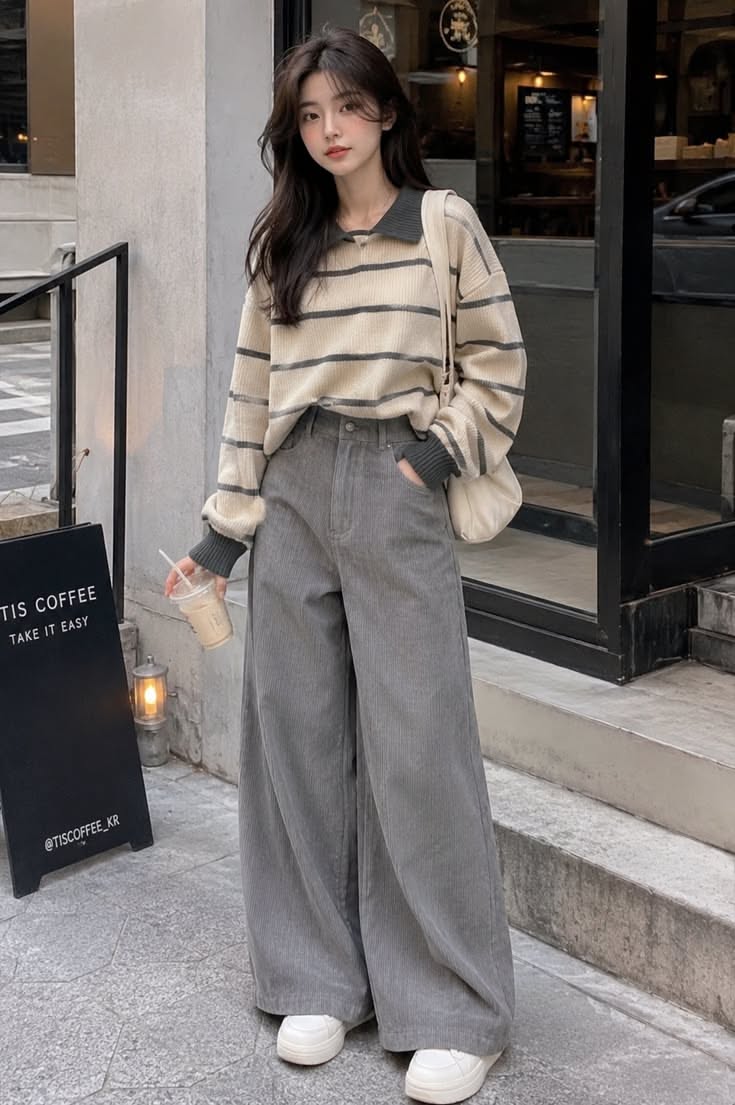 Woman in a striped sweater and wide leg pants holding a drink outdoors