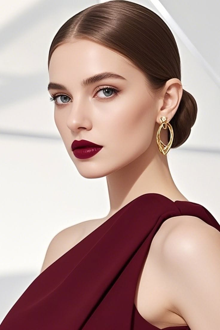Woman with an updo, red lipstick, and gold earrings wearing a maroon dress