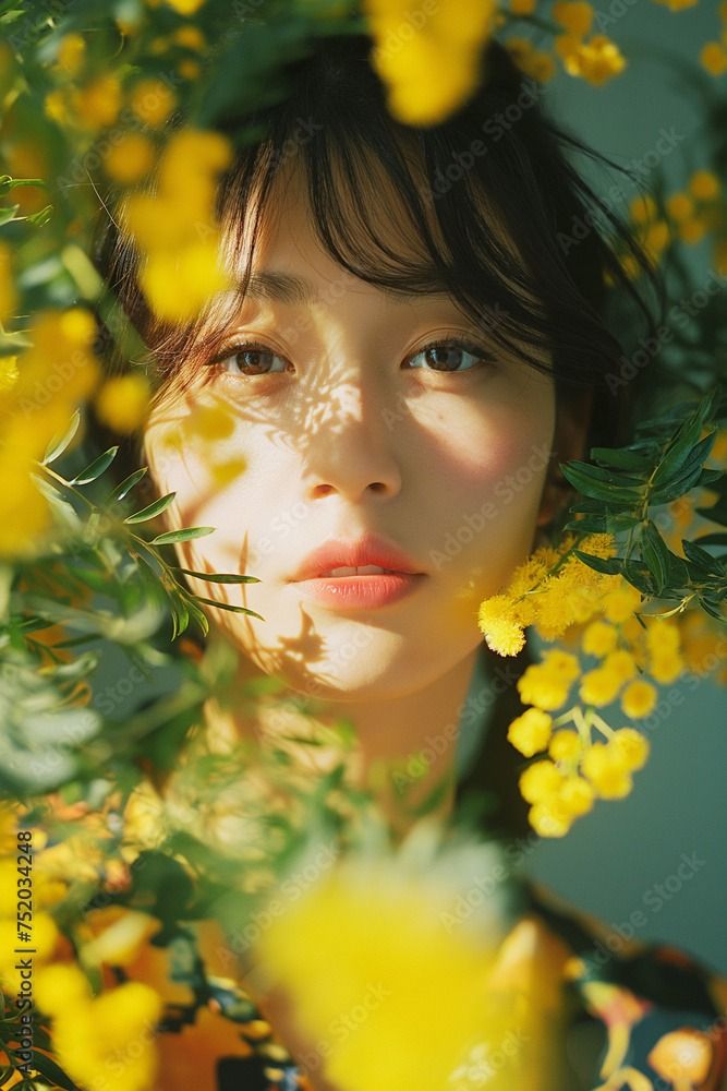 Woman with short hair surrounded by yellow flowers and dappled sunlight