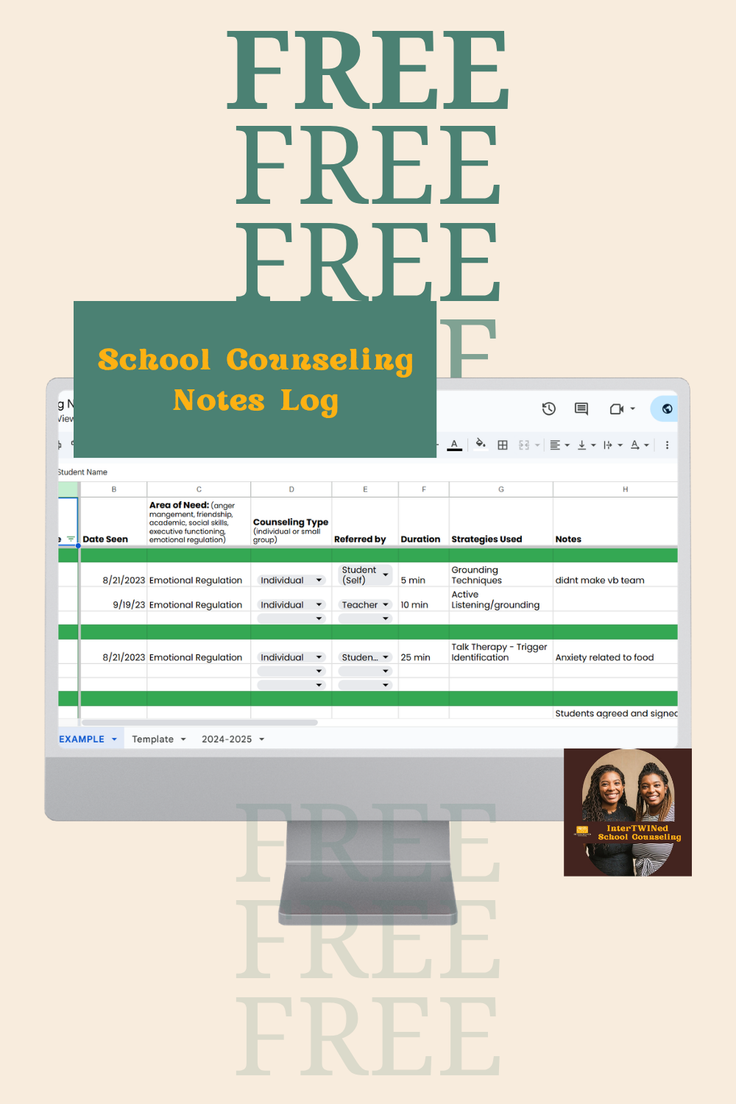 School counseling notes log spreadsheet with 'FREE' text overlay
