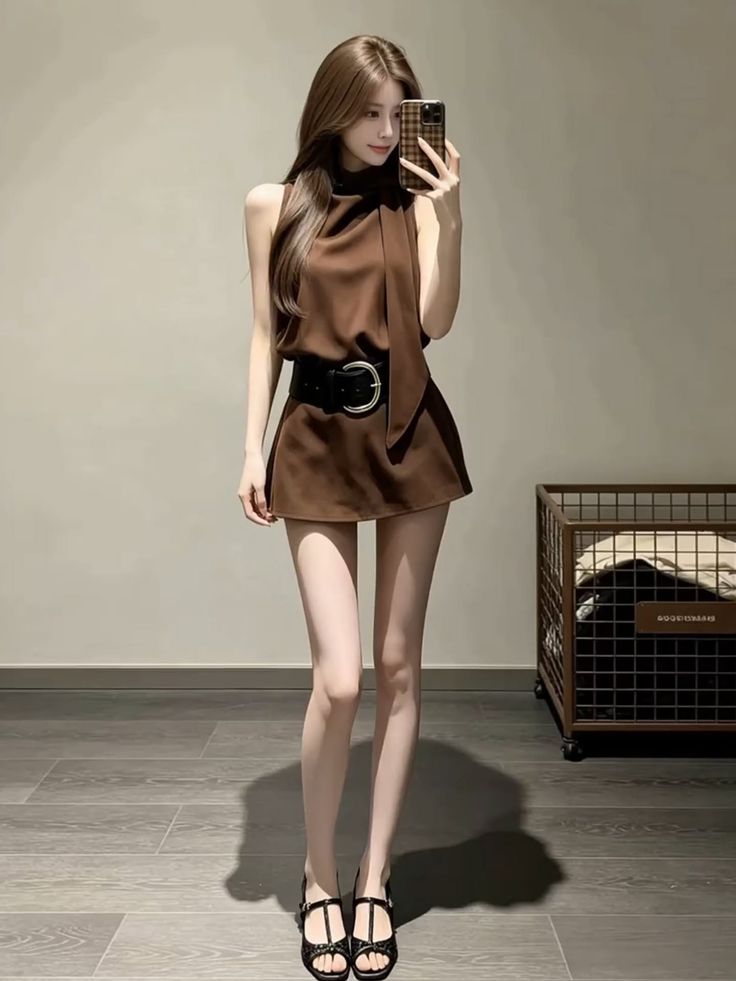 Woman in a brown dress with a black belt taking a mirror selfie indoors
