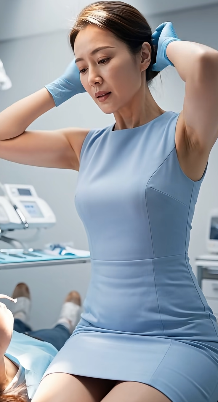 Woman in a blue dress and medical gloves in a dental office