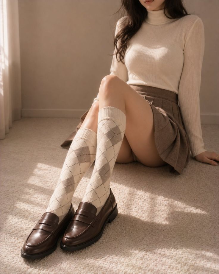 Woman in a pleated skirt and knee-high socks sitting on a carpeted floor