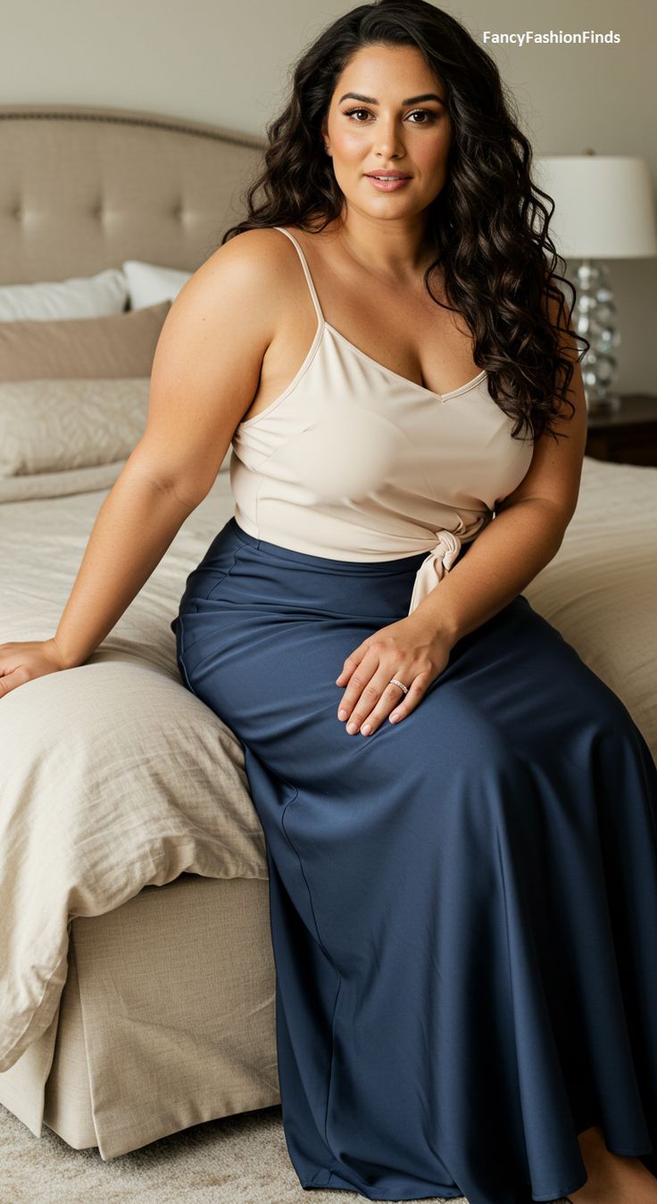 Woman with long wavy hair wearing a sleeveless top and long skirt sitting on a bed
