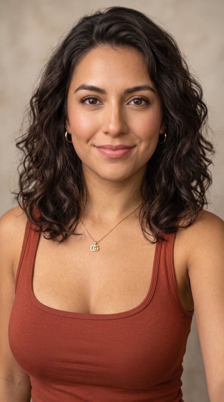 Woman with wavy brown hair wearing a brown top and gold jewelry
