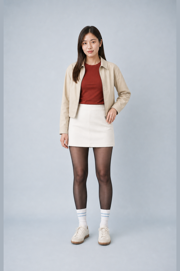 Woman in a beige jacket, red top, white mini skirt, and black tights