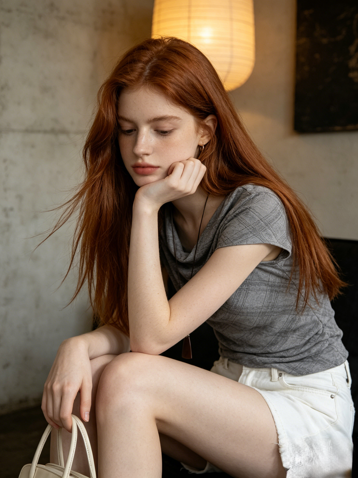 Woman with long red hair and freckles wearing a grey t-shirt and white shorts